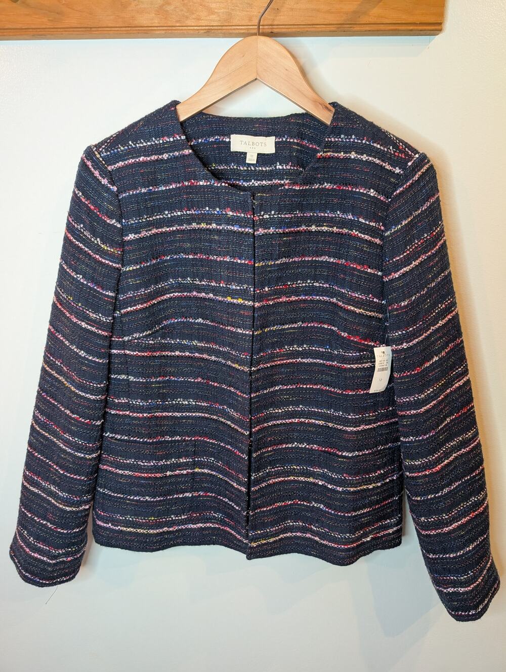 Talbots Women's Navy Tweed Jacket Multicolor Striped Blazer NWT Size 12